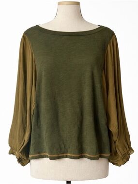 Anthropologie Top Olive Green Sheer Balloon Sleeve Boho Square Neck Large Shirt